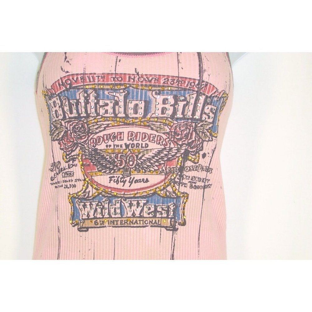 Skinny Minnie Tank Top M Buffalo Bills Rough Riders Pink Ribbed Dirty Wash - Picture 6 of 6